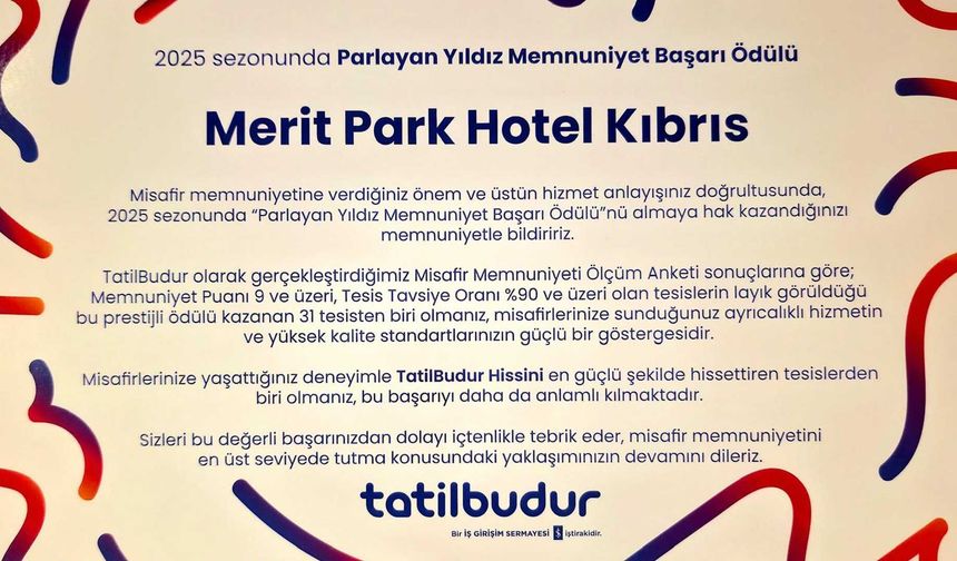 Merit Park Hotel’e TatilBudur’dan “Parlayan Yıldız Memnuniyet Başarı Ödülü”
